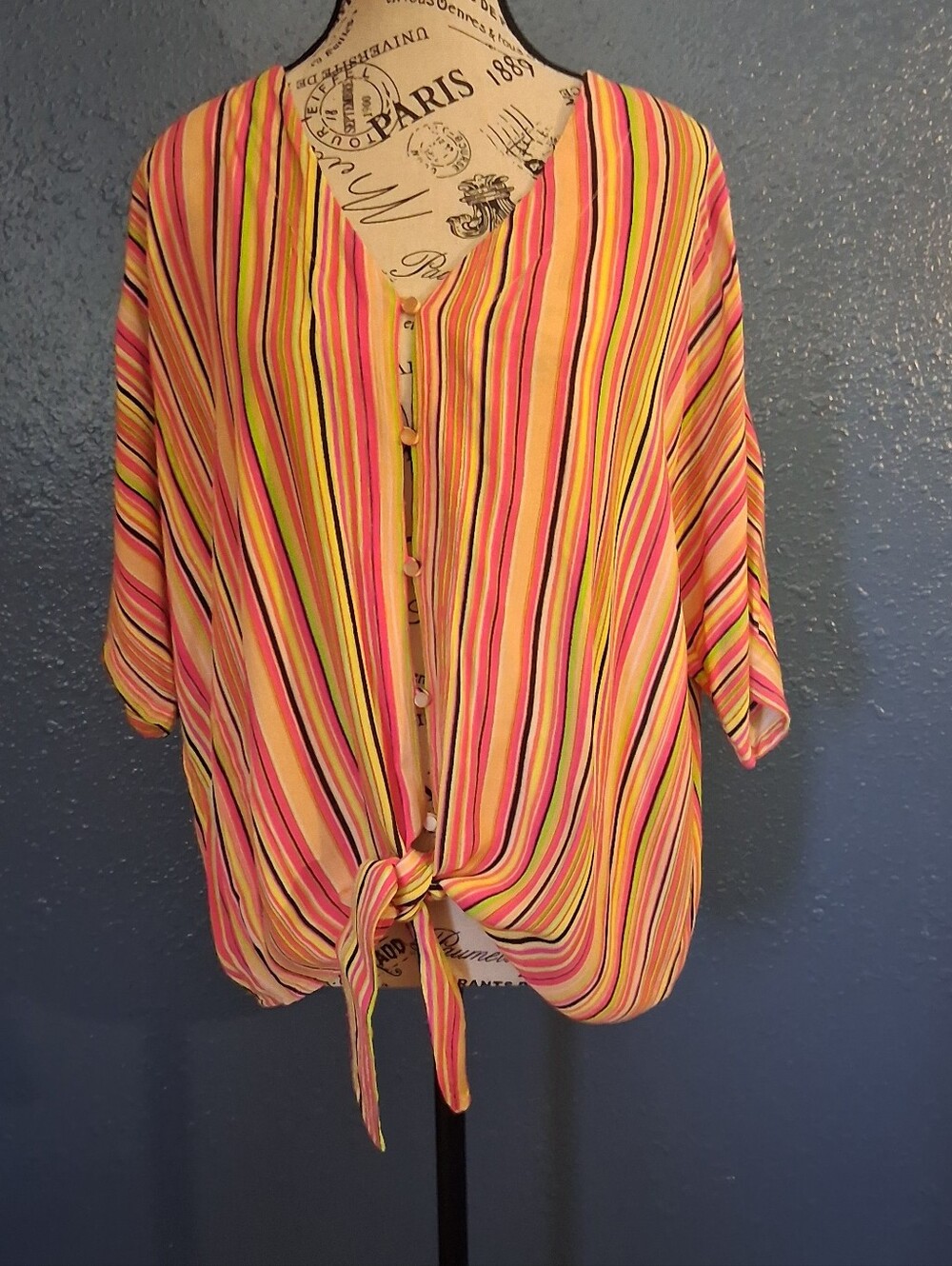 Seven 7 Womens Striped Tie-Front Women's Top - Pink Multi Medium